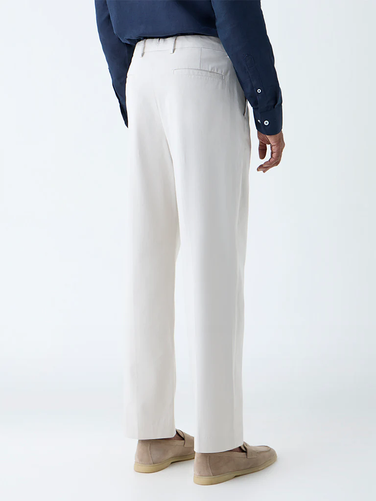 Ascot Beige Relaxed-Fit Mid-Rise Cotton-Blend Trousers - Image 4