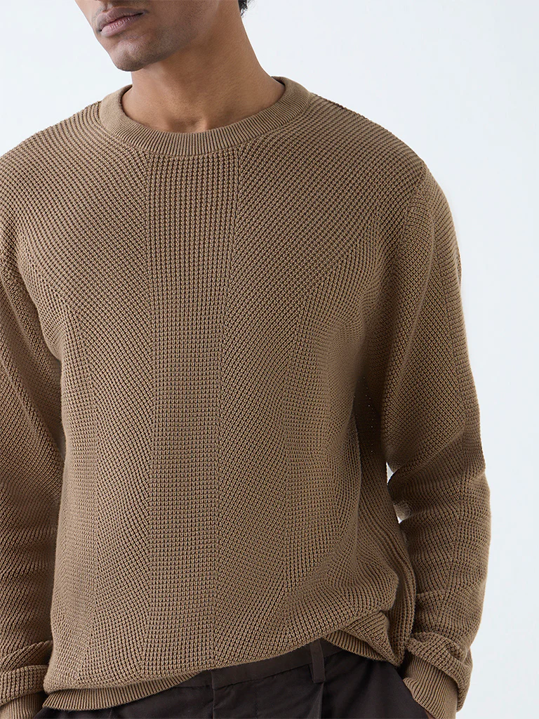 Ascot Taupe Knit-Textured Relaxed-Fit Cotton Sweater - Image 4