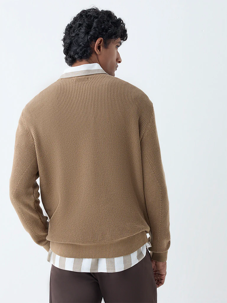 Ascot Taupe Knit-Textured Relaxed-Fit Cotton Sweater - Image 5