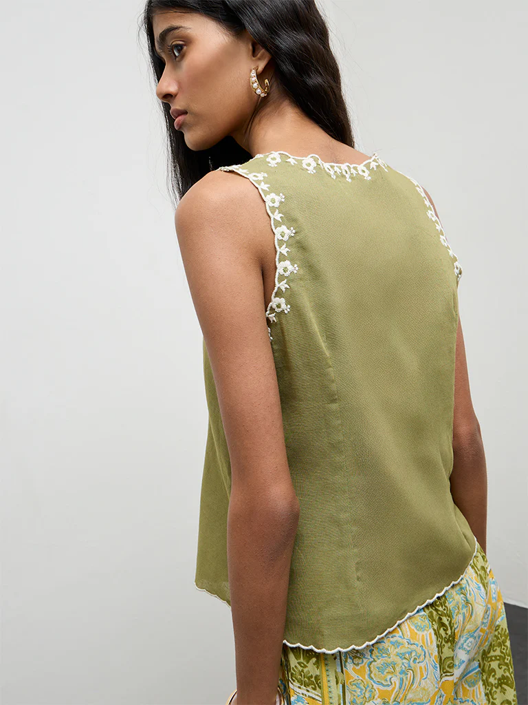 Bombay Paisley Olive Embroidered Cotton-Blend Top - Image 4