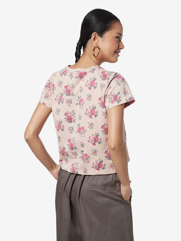 Bombay Paisley Peach Rose Print Cotton Crop-Top - Image 4