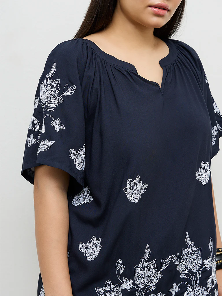 Gia Navy Floral Embroidered Cotton-Blend Top - Image 3