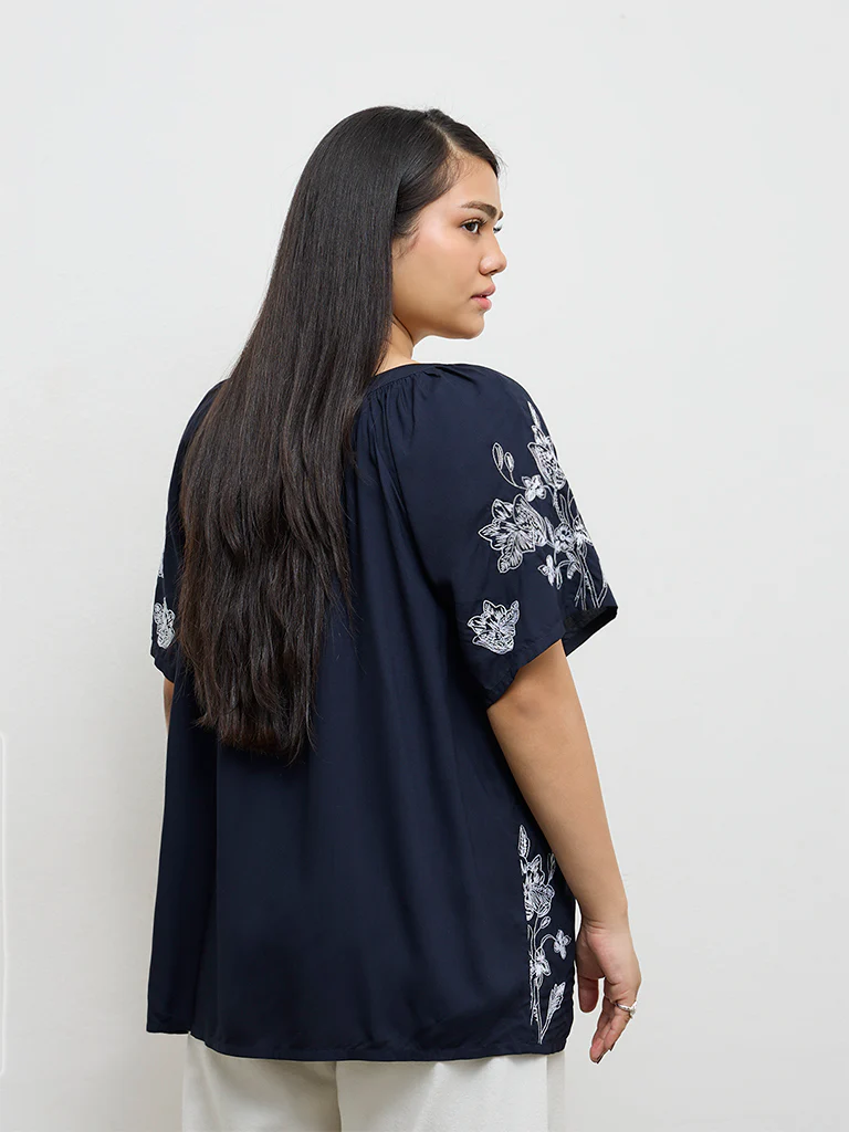 Gia Navy Floral Embroidered Cotton-Blend Top - Image 4