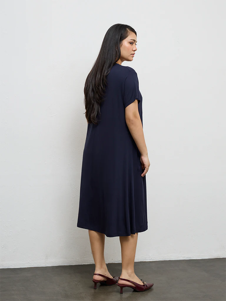 Gia Navy Solid Cotton A-Line Dress - Image 4