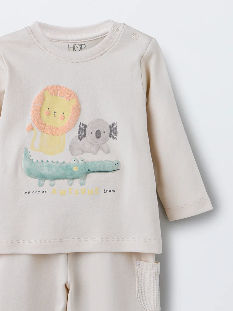 HOP Baby Boys Beige Animal Printed Cotton T-Shirt with Pants Set - Image 4