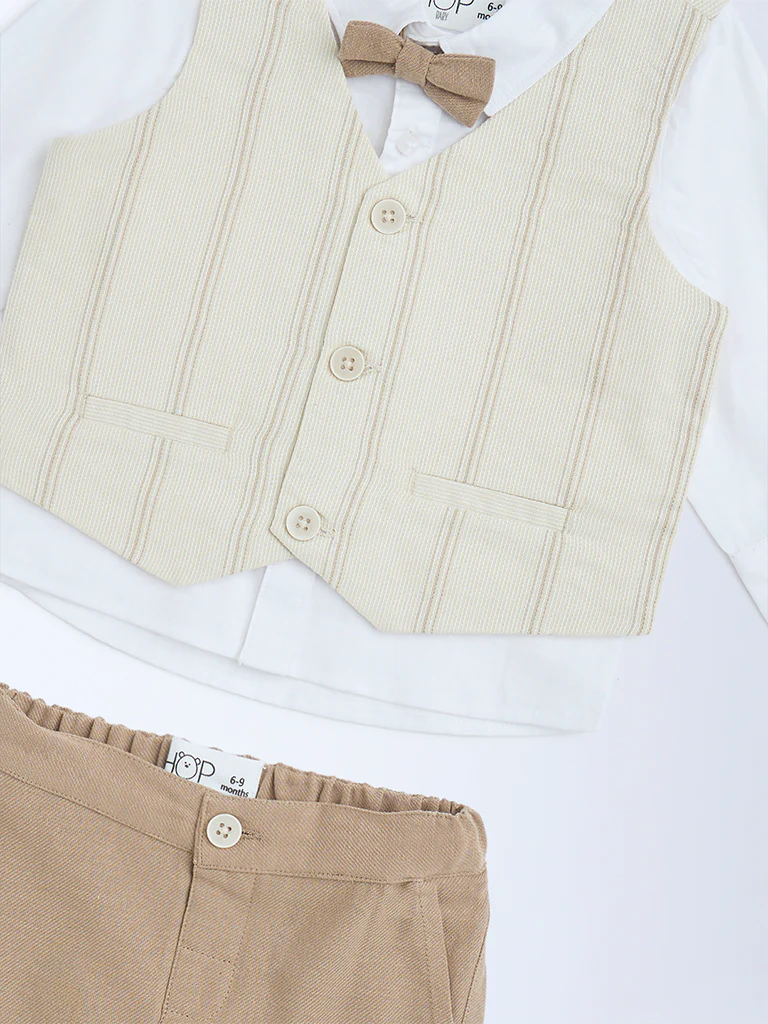 HOP Baby Boys Beige Striped Cotton Waistcoat, Shirt, Trousers and Bow Set - Image 4