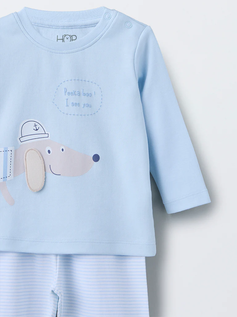 HOP Baby Boys Blue Animal Pattern Cotton T-Shirt with Pants Set - Image 4