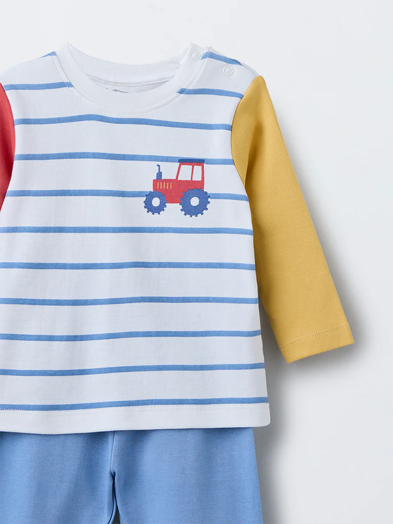 HOP Baby Boys Multicolour Striped Cotton T-Shirt with Pants Set - Image 4