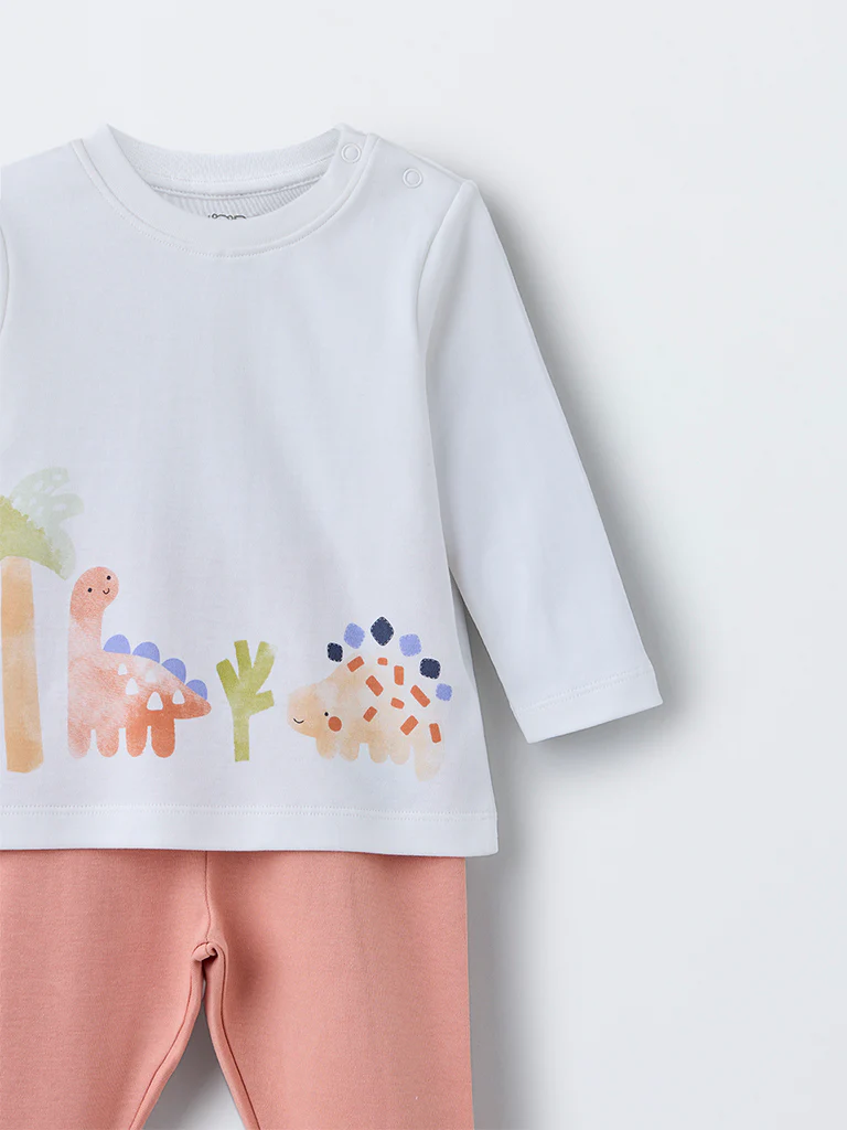 HOP Baby Boys White Dinosaur Design Cotton T-Shirt with Pants Set - Image 4