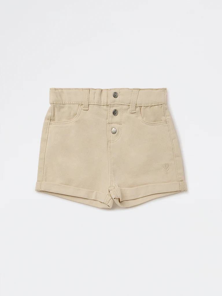 HOP Baby Girls Beige High-Rise Denim Shorts - Image 3