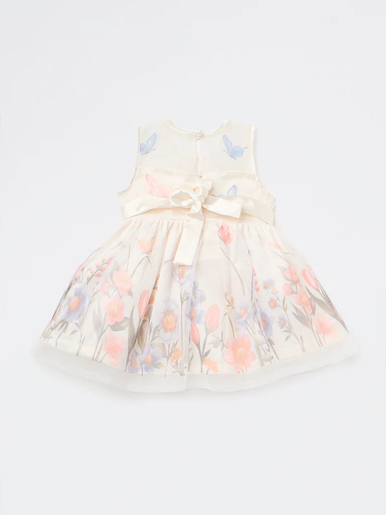 HOP Baby Girls Ivory Floral Printed Fit and Flare Dress - Image 3