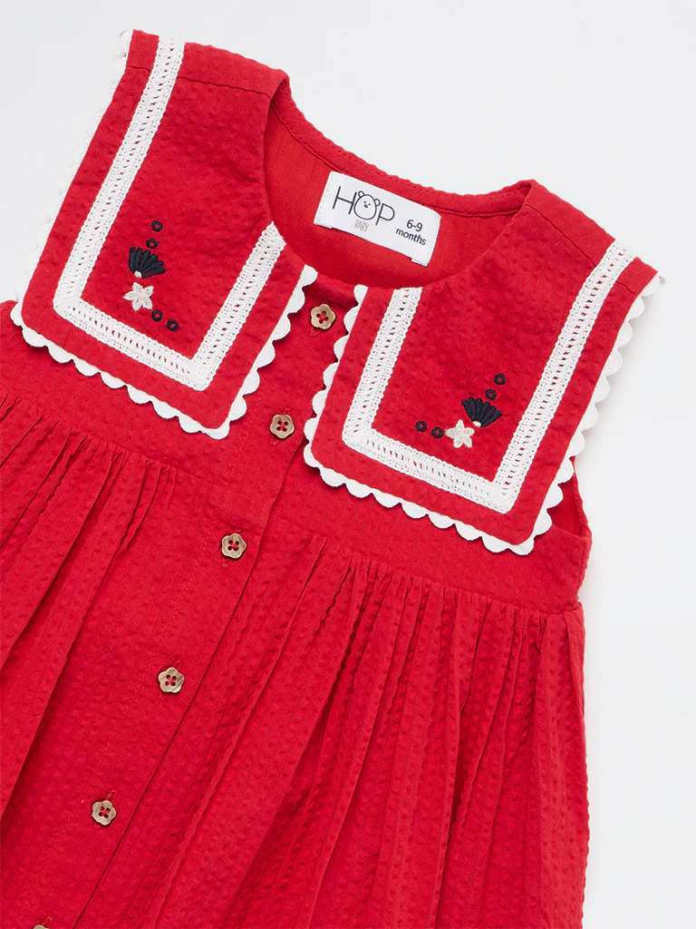 HOP Baby Girls Red Seersucker Textured A-Line Cotton Dress - Image 3