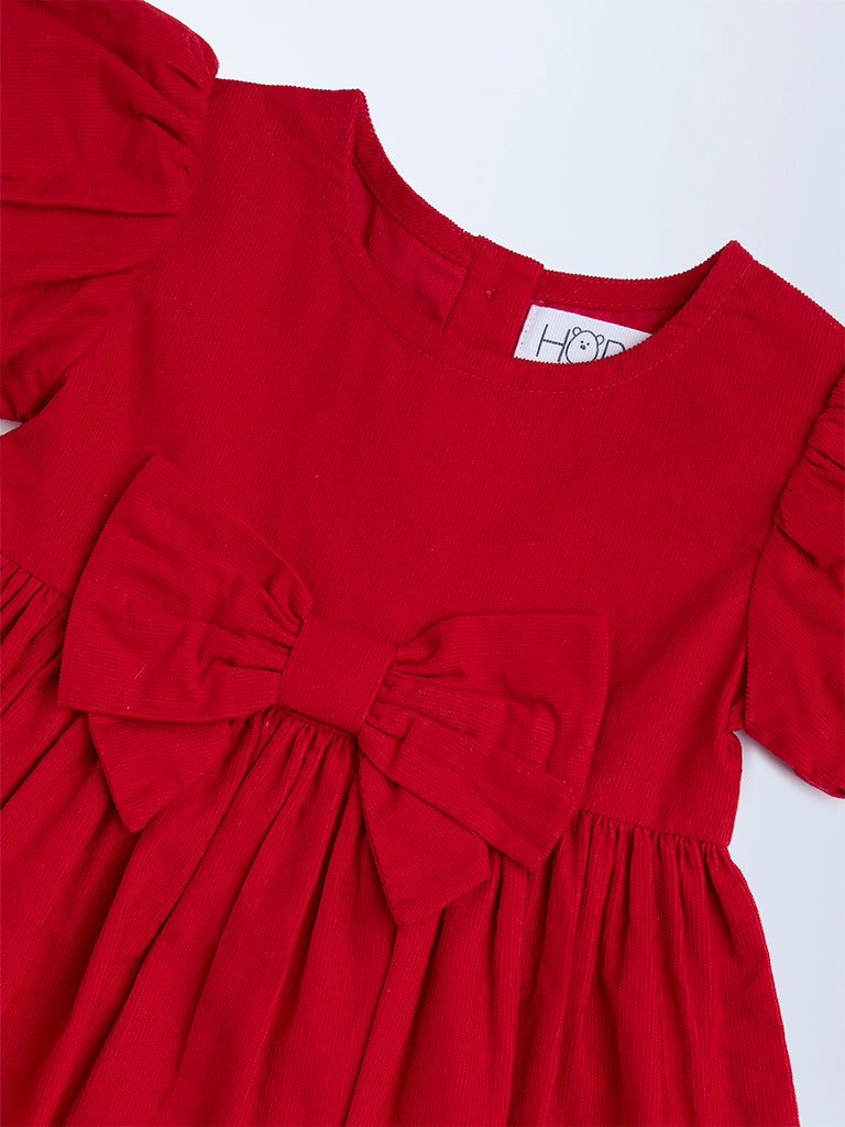 HOP Baby Girls Red Solid Bow-Detailed Cotton Dress - Image 4