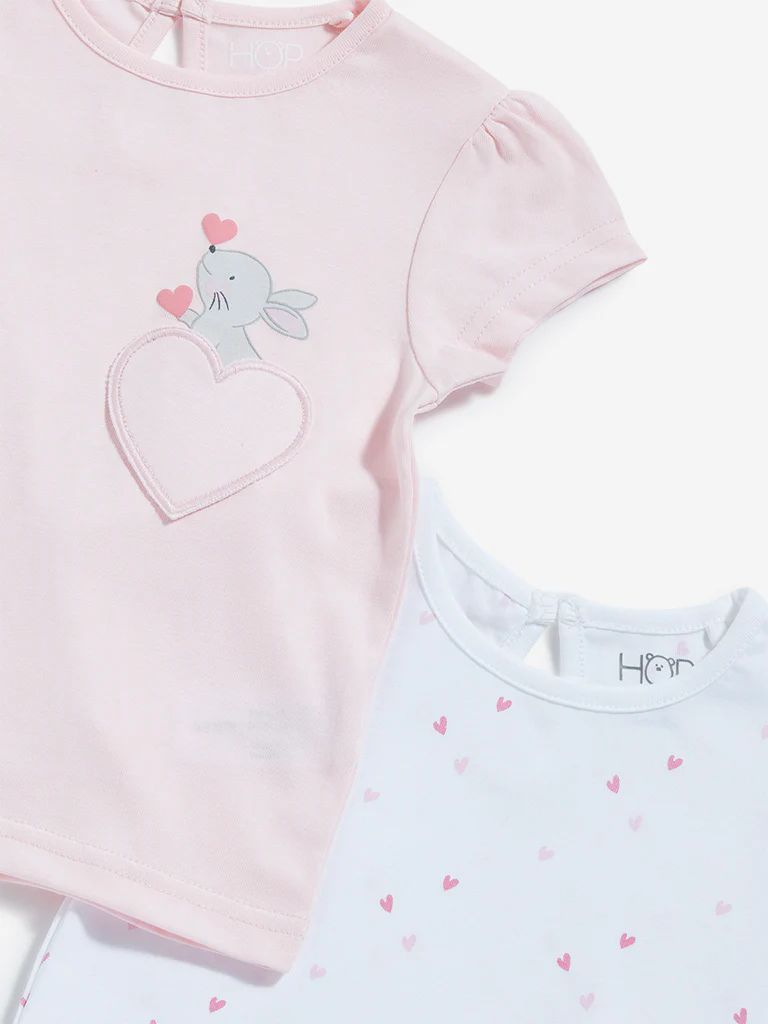 HOP Baby Girls White & Light Pink Cotton T-Shirts - Pack of 2 - Image 3