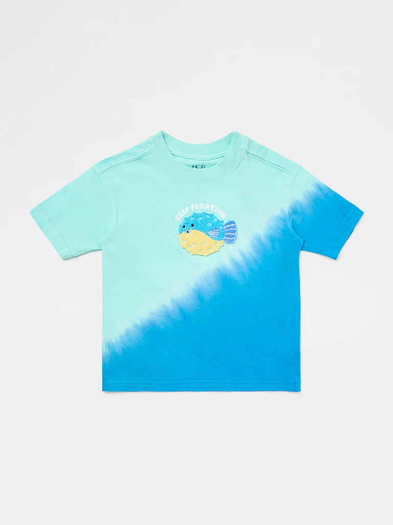 HOP Kids Boys Blue Tie-Dye Printed Cotton T-Shirt - Image 3