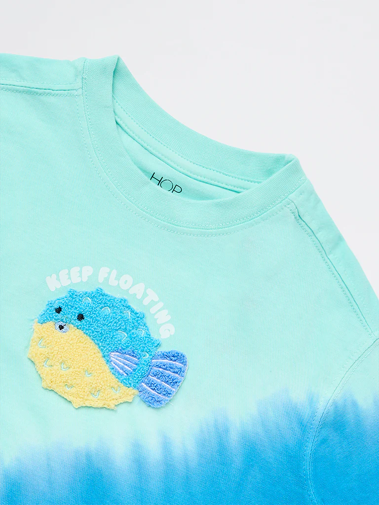 HOP Kids Boys Blue Tie-Dye Printed Cotton T-Shirt - Image 5