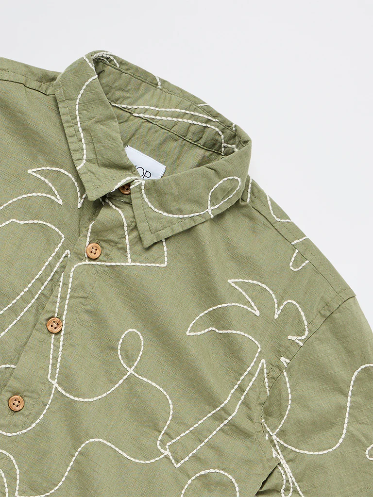 HOP Kids Boys Olive Embroidered Cotton Shirt - Image 5