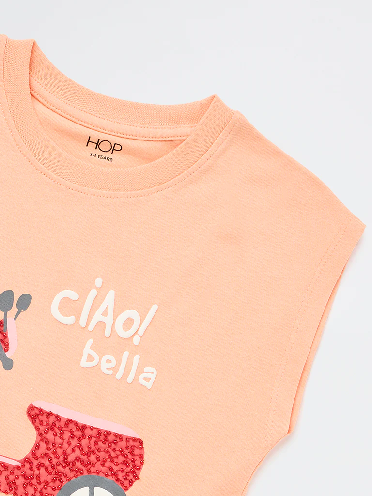 HOP Kids Girls Coral Graphic Design Cotton T-Shirt - Image 6