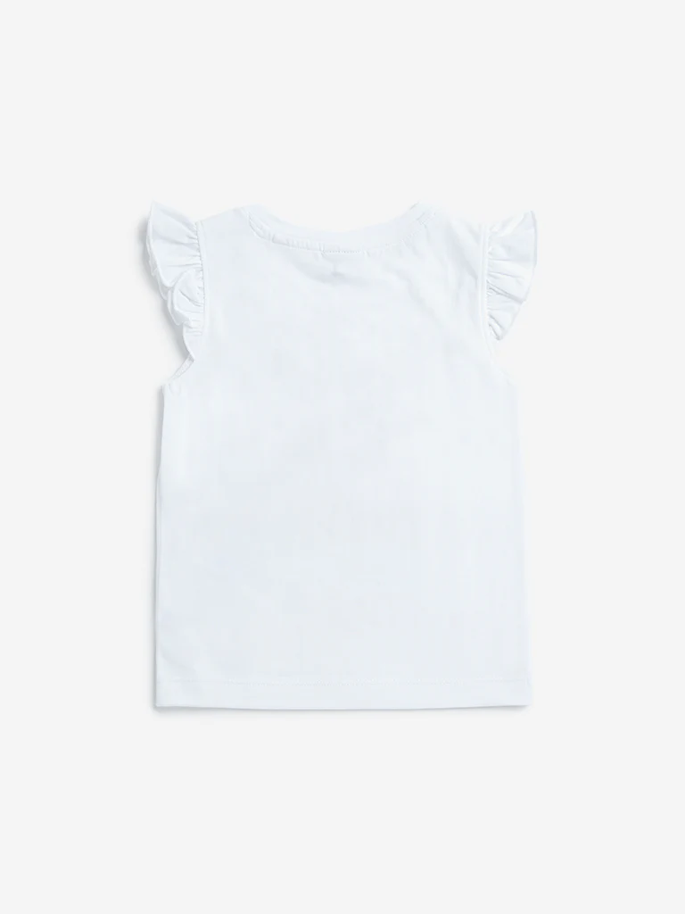 HOP Kids Girls White Text Pattern Ruffle Sleeve Cotton Top - Image 3