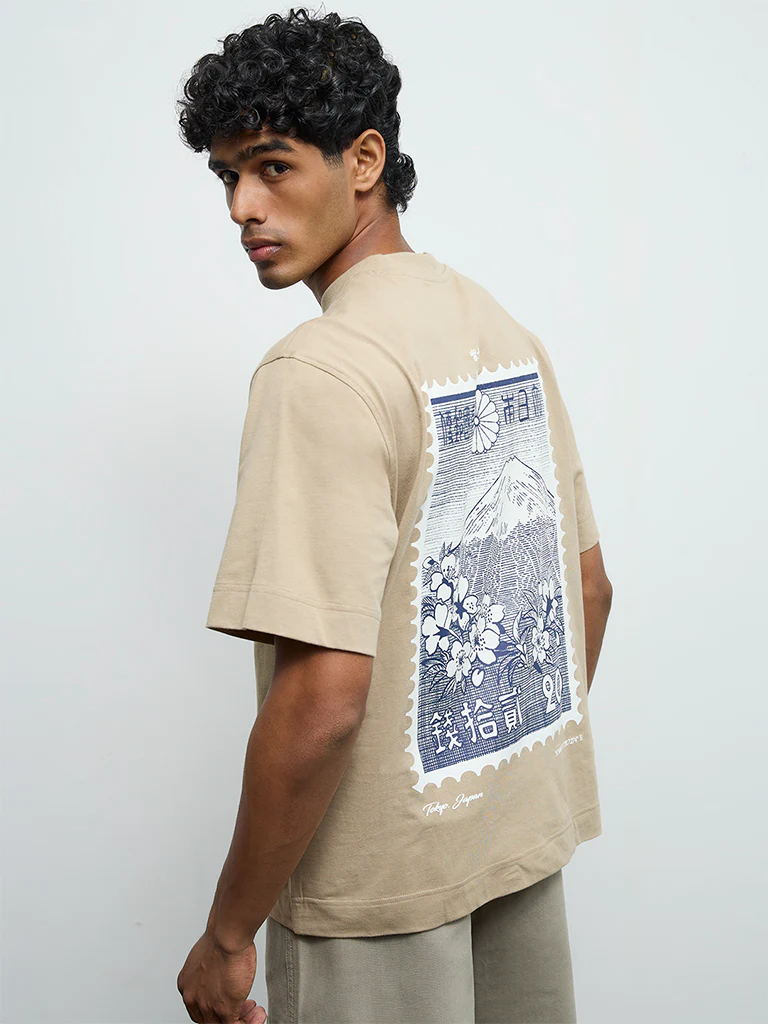 Nuon Beige Printed Relaxed-Fit Cotton T-Shirt - Image 4