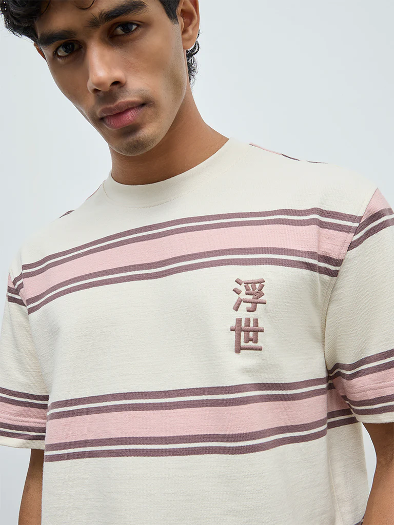 Nuon Pink Striped Relaxed-Fit Cotton T-Shirt - Image 3