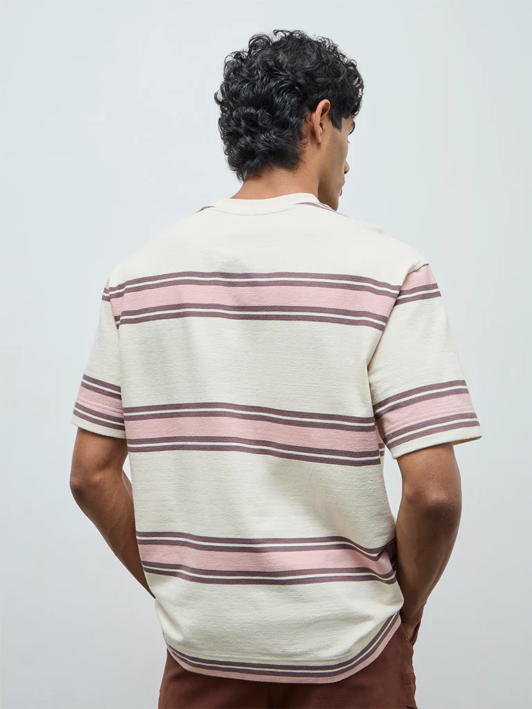 Nuon Pink Striped Relaxed-Fit Cotton T-Shirt - Image 4