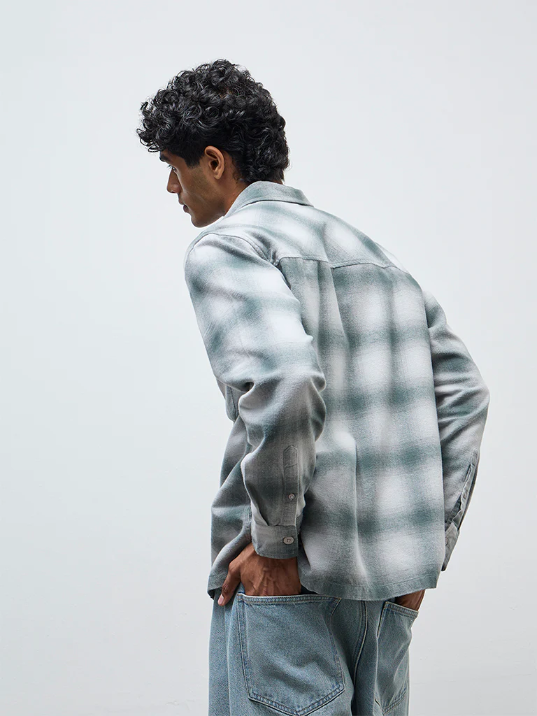 Nuon Teal Checkered Relaxed-Fit Cotton Shirt - Image 4