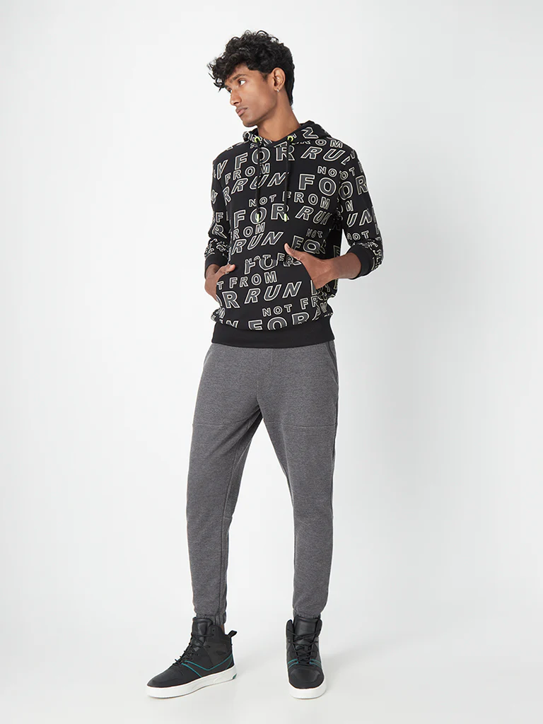 Studiofit Black Text-Printed Cotton Hooded Sweatshirt - Image 3