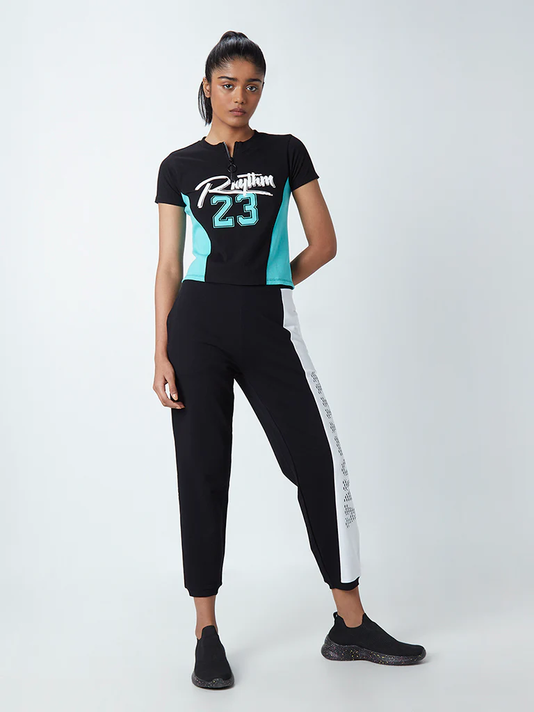 Studiofit Black Typographic Design Cotton-Blend Crop T-Shirt - Image 3