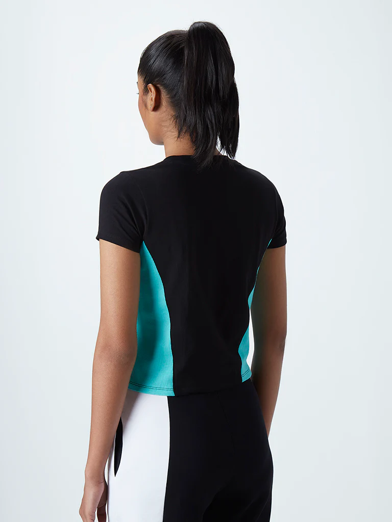 Studiofit Black Typographic Design Cotton-Blend Crop T-Shirt - Image 4