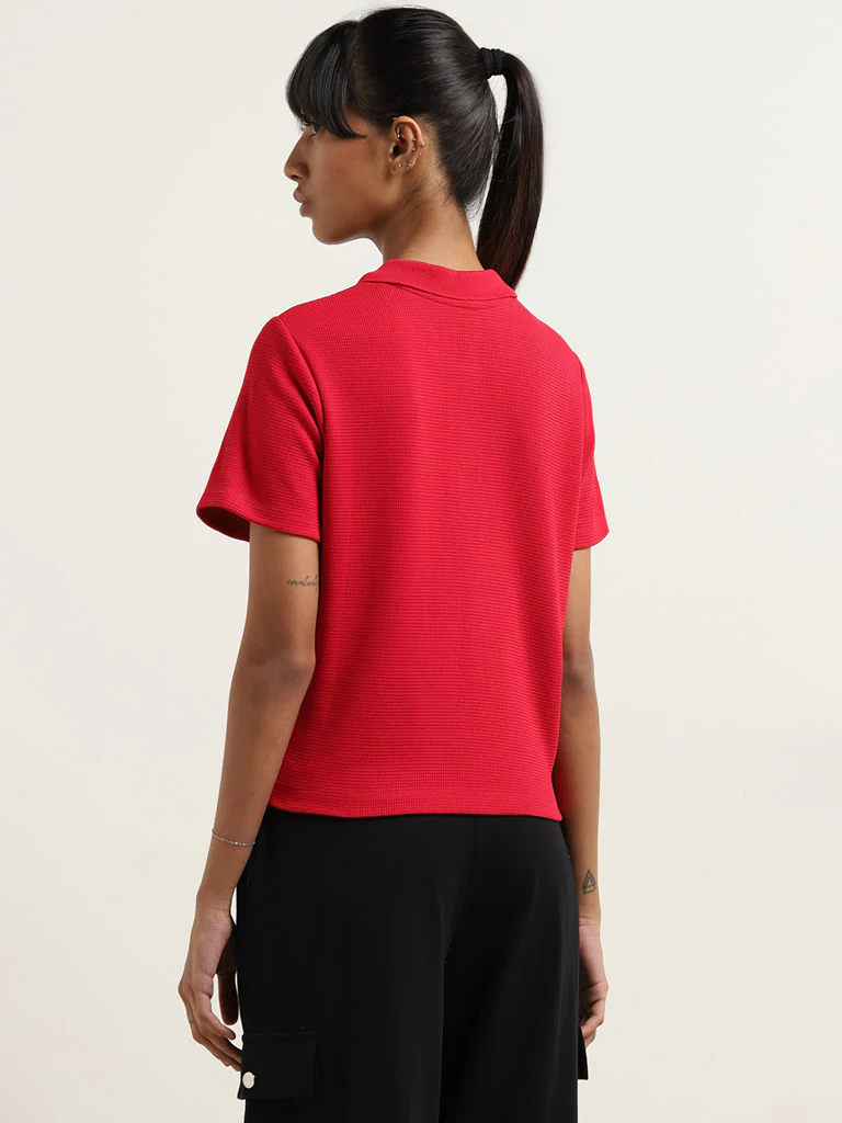 Studiofit Red Ribbed Textured Cotton T-Shirt - Image 4