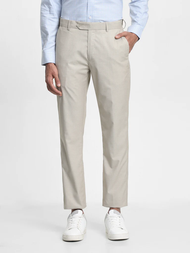 WES Formals Dobby Beige Relaxed-Fit Mid-Rise Trousers - Image 3