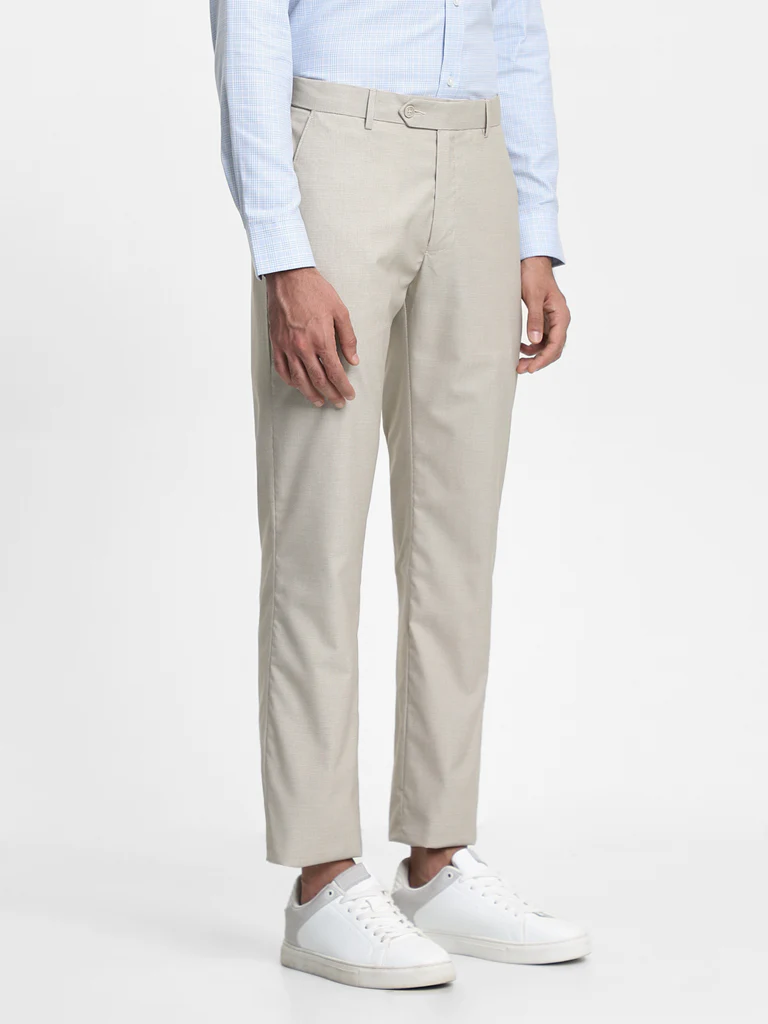 WES Formals Dobby Beige Relaxed-Fit Mid-Rise Trousers - Image 5