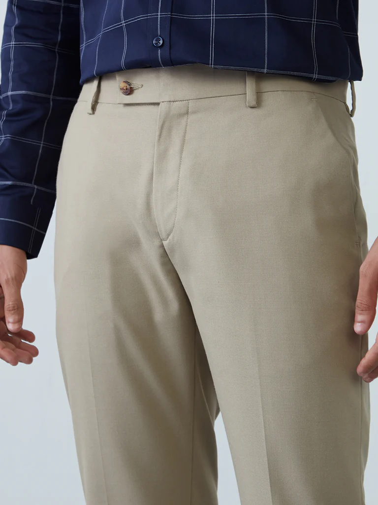 WES Formals Light Khaki Slim-Fit Mid-Rise Trousers - Image 3