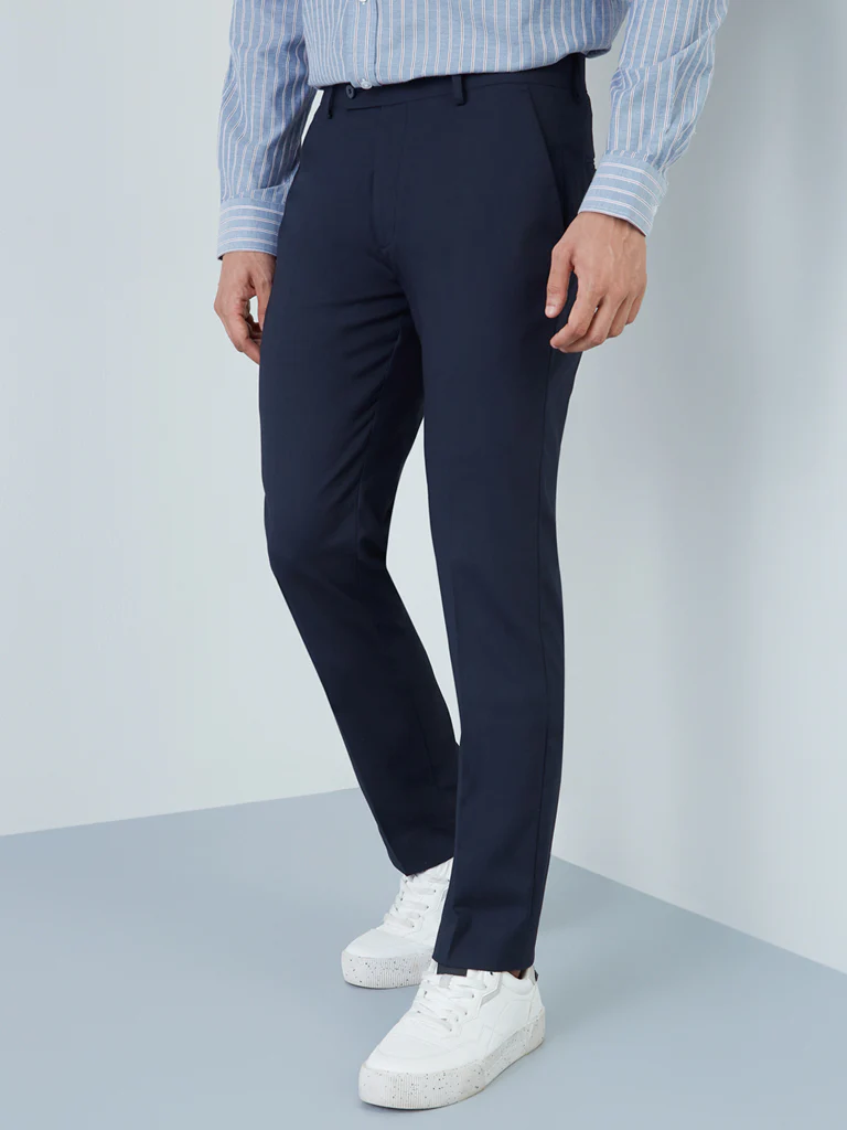 WES Formals Navy Slim-Fit Mid-Rise Trousers - Image 4