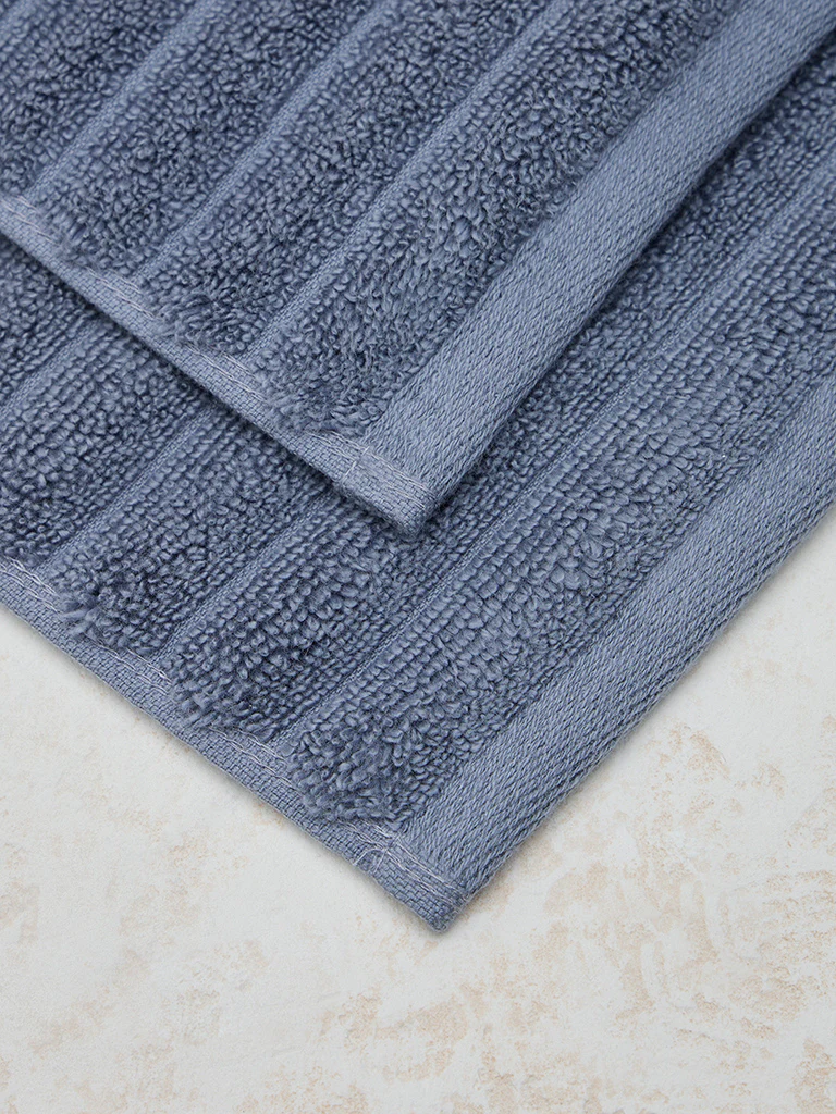 Westside Home Dark Blue Self-Striped Face Towel (Set of 2) - Image 3