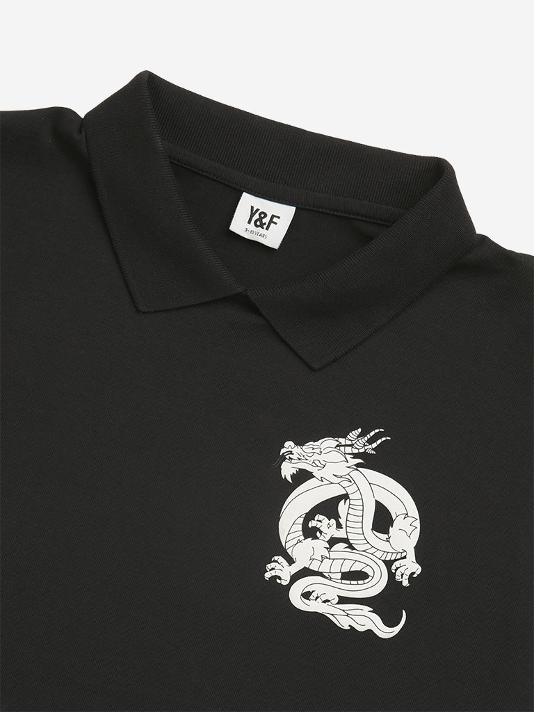 Y&F Kids Girls Black Dragon Design Polo Crop Cotton T-Shirt - Image 4