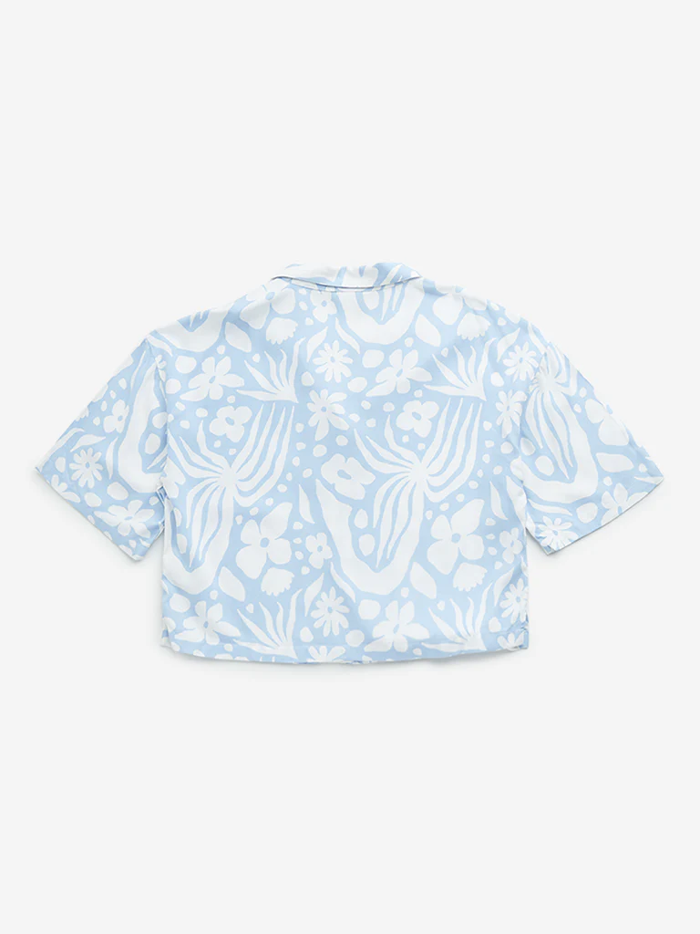 Y&F Kids Girls Blue Floral Print Cotton Cropped Shirt - Image 3
