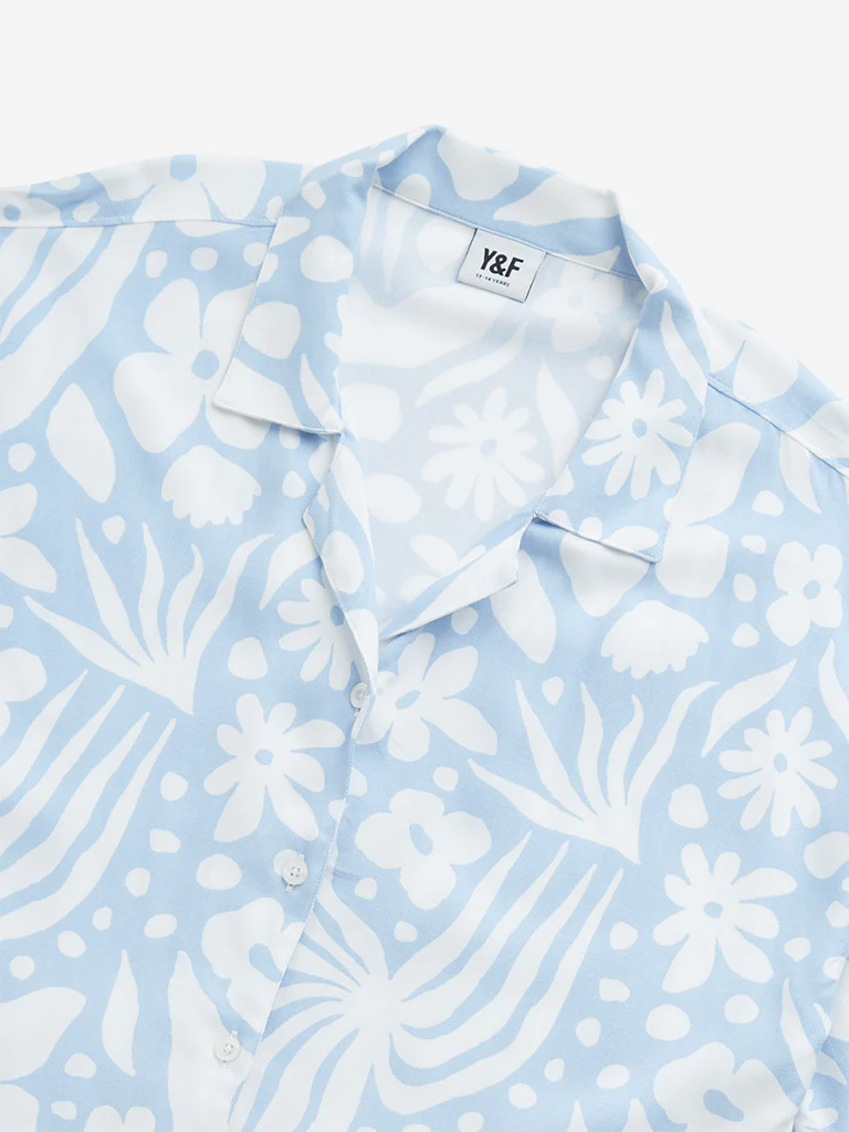 Y&F Kids Girls Blue Floral Print Cotton Cropped Shirt - Image 4