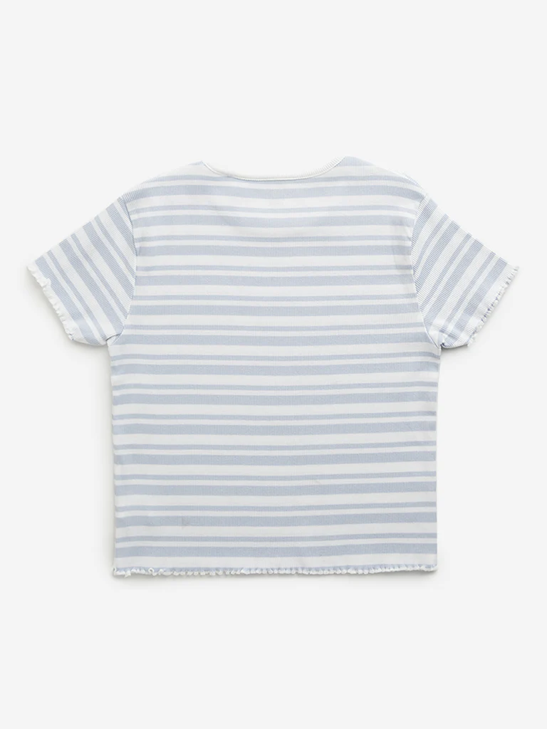 Y&F Kids Girls Blue Stripe Printed Cotton T-Shirt - Image 3