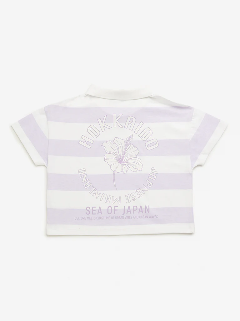 Y&F Kids Girls Lilac Stripes Printed Polo Crop Cotton T-Shirt - Image 3